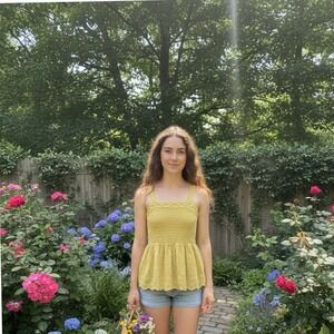 Hem & Thread Boho Crochet Eyelet Peplum Top - Mustard Yellow - Small Women's